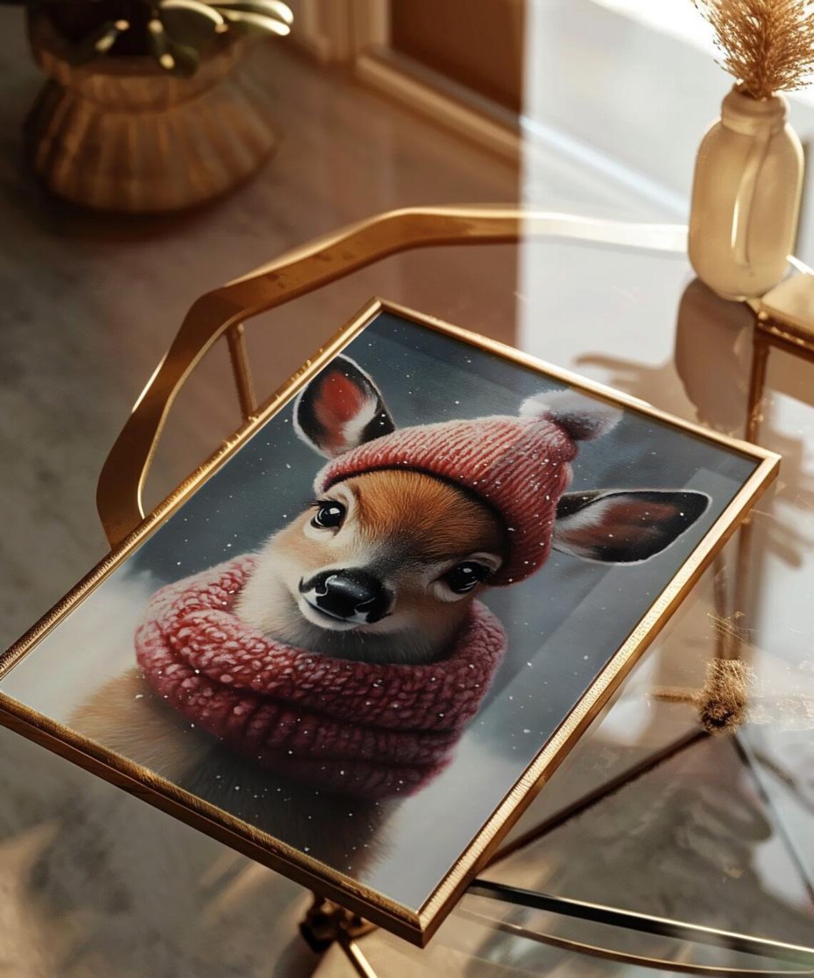 Baby Deer in Red Knit Hat and Scarf Snowy Christmas Fawn Art Poster - Image 2