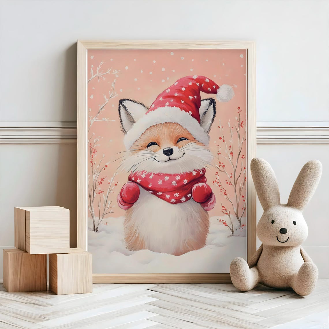 Cute Christmas Fox Santa Hat Snow Watercolor Holiday Art Poster - Image 2