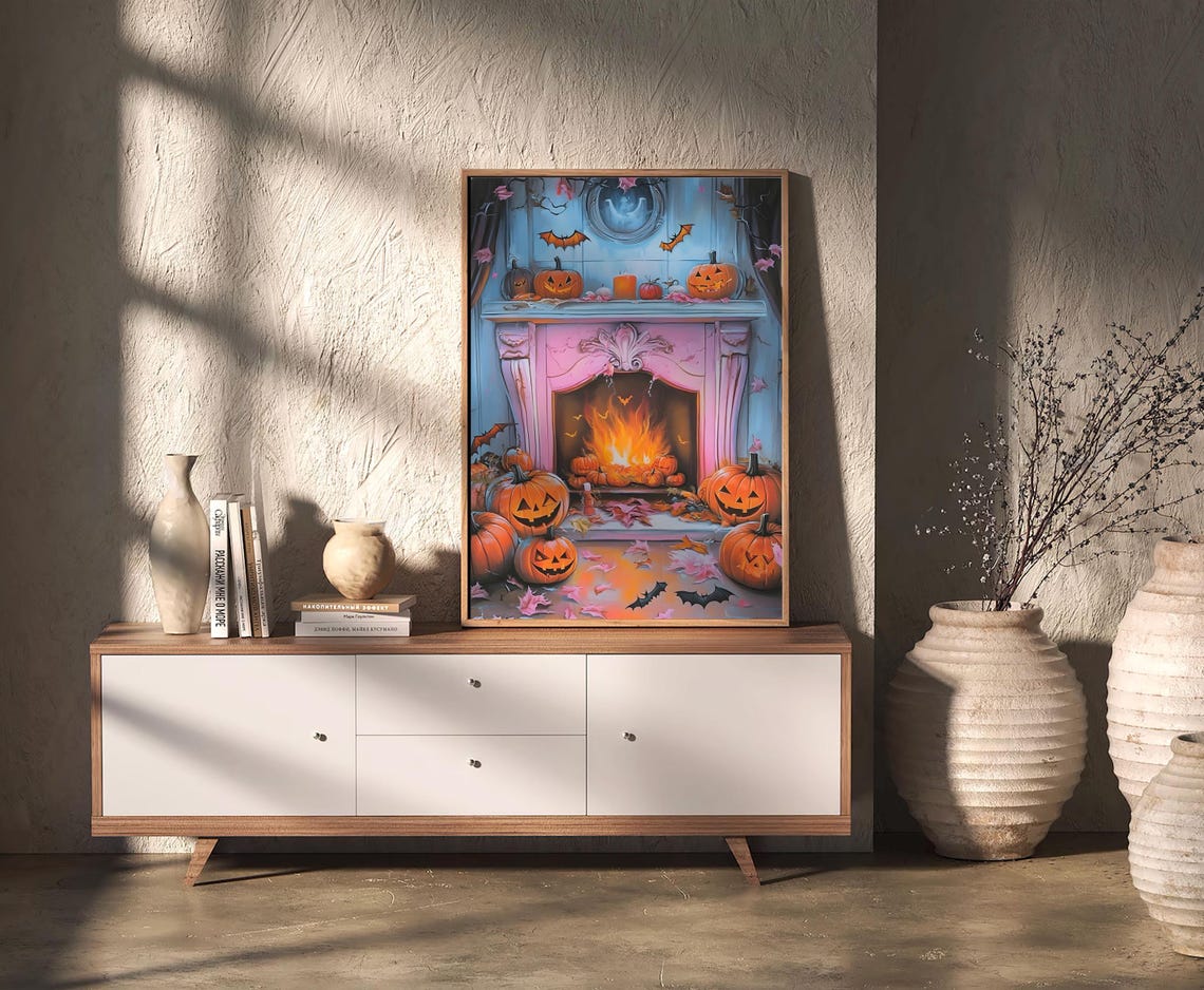 Cute Pink Halloween Fireplace Pumpkins Bats Cozy Autumn Scene Poster - Image 2