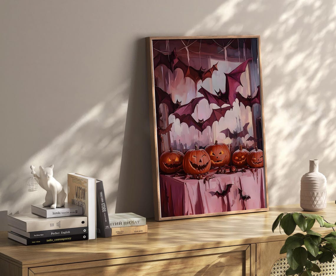 Spooky Bats and Jack O Lanterns Purple Gothic Halloween Art Poster