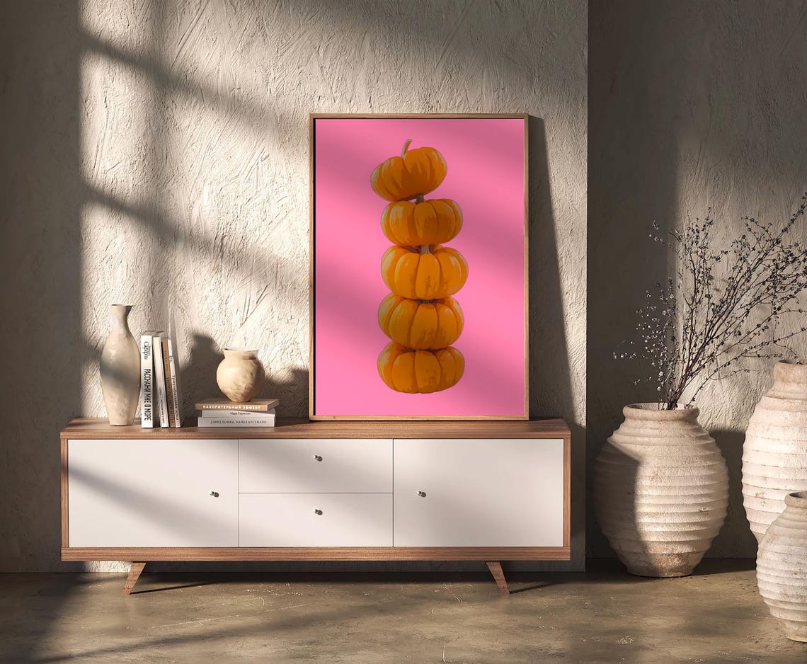 Stacked Orange Pumpkins On Pink Pop Minimalist Halloween Poster - Image 3