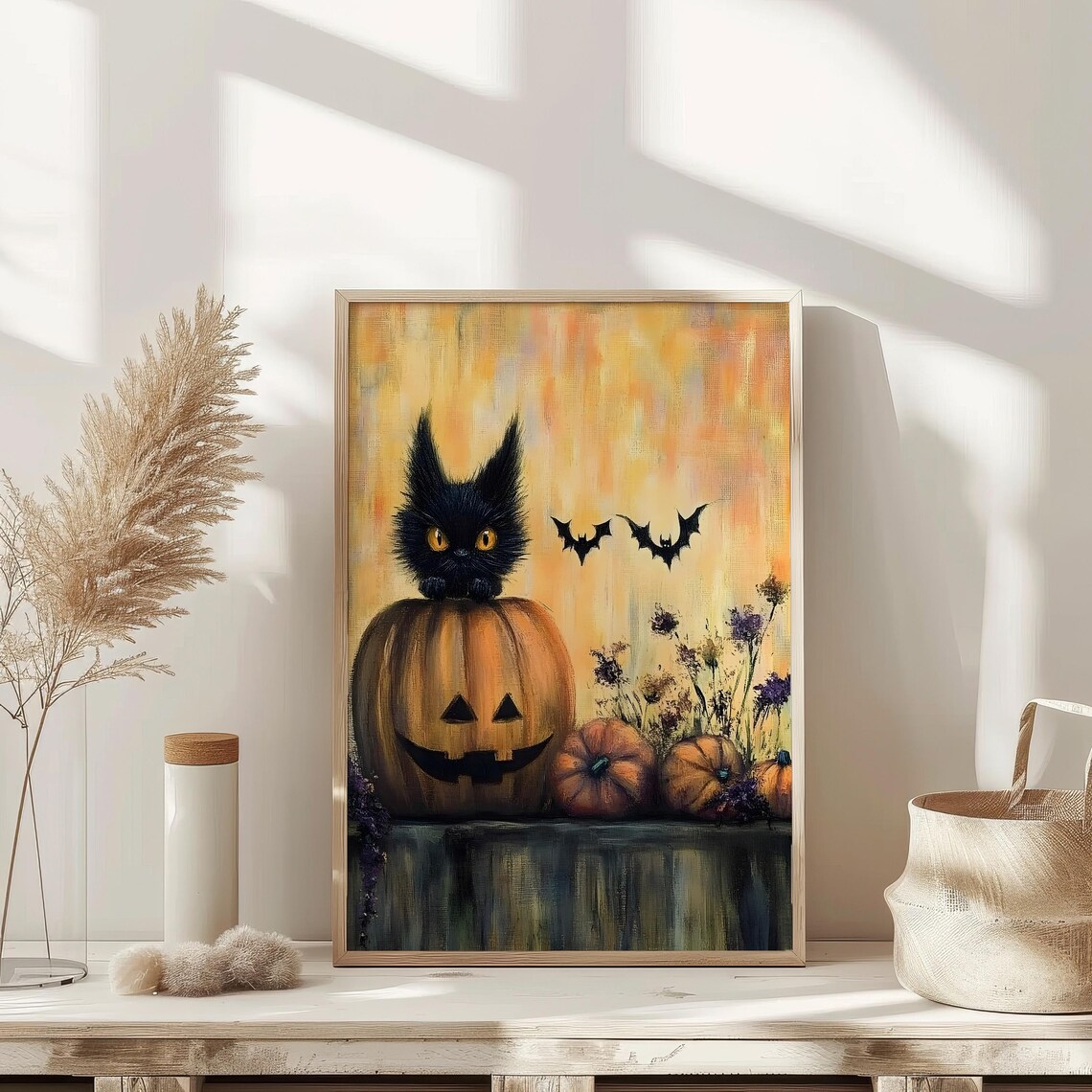 Black Cat On Jack O Lantern Bats Cute Halloween Painting Poster - Image 2
