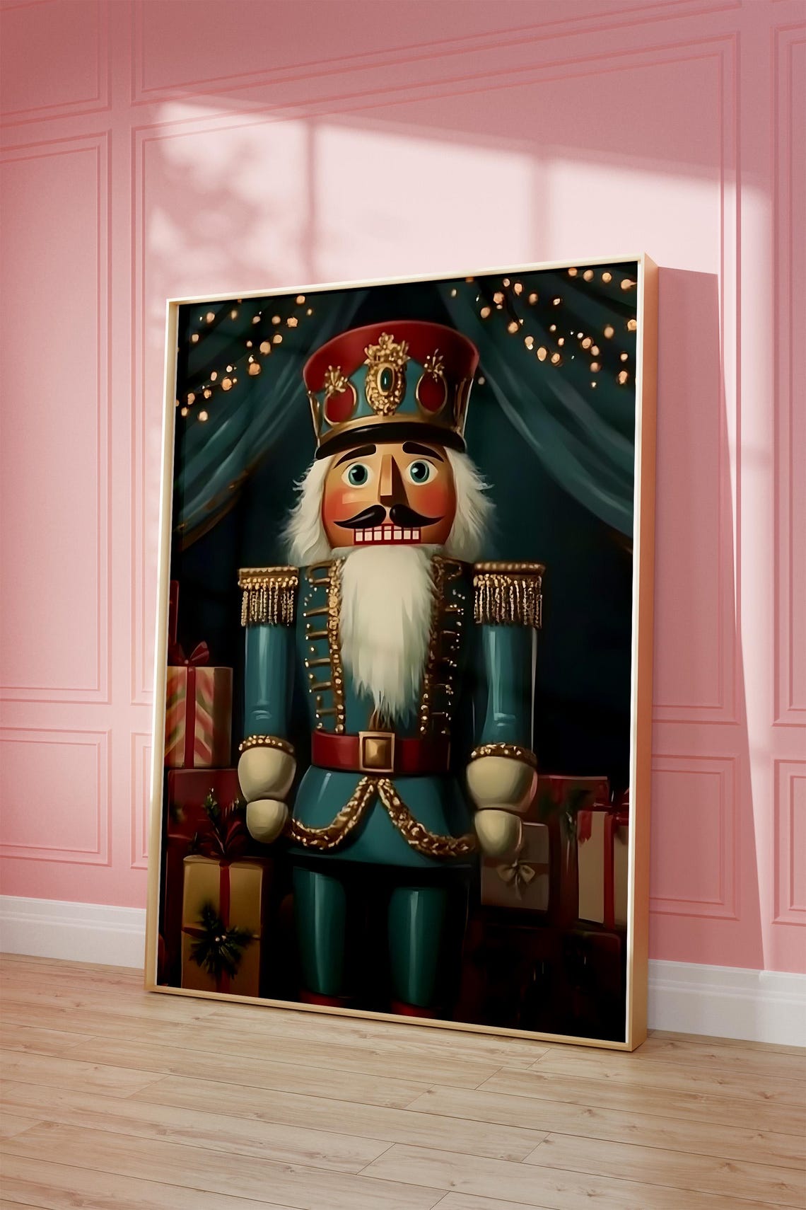 Teal Nutcracker On Stage With Gifts Vintage Christmas Poster - Image 3