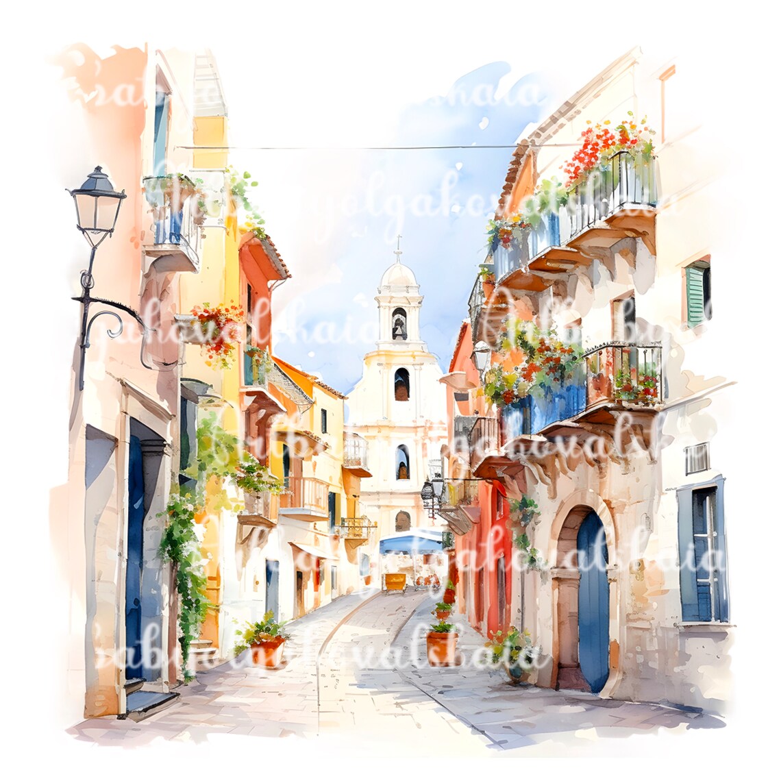 Italy Old Town Cobblestone Street Bell Tower Watercolor Travel Poster