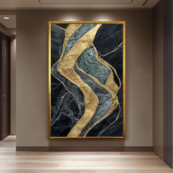 Luxury Black Marble Texture with Elegant Gold Foil Abstract Art Poster
