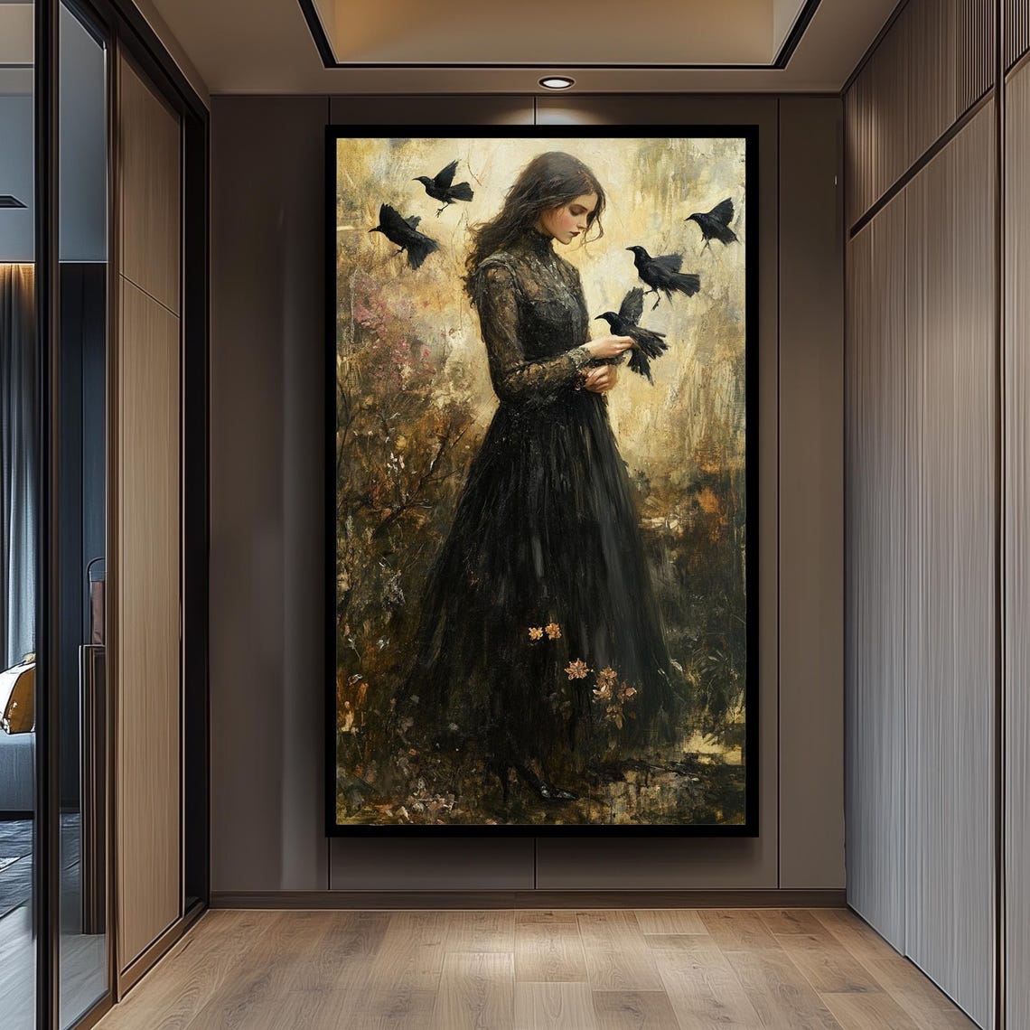 Victorian Gothic Woman With Crows Dark Elegant Black Dress Art Poster