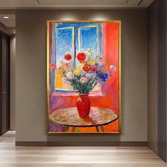 Matisse Inspired Floral Still Life Art Print Red Vase Bouquet