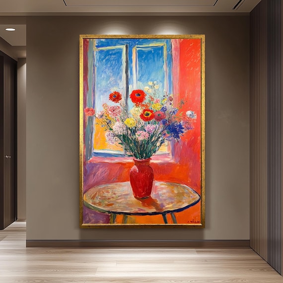 Matisse Style Red Vase Wildflowers Blue Sky Window Still Life Poster