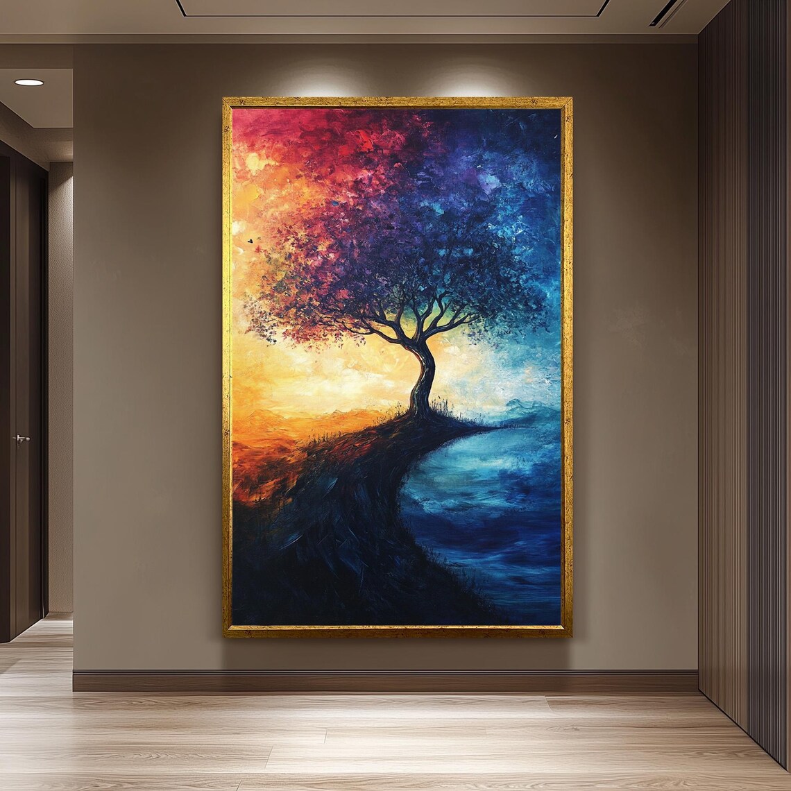 Surreal Tree at Sunset and Night Sky Contrast Split Color Painting Poster