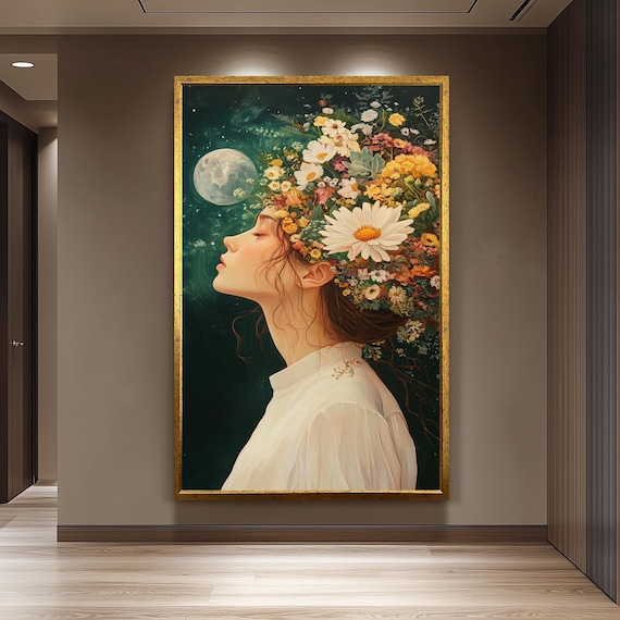 Dreamy Surreal Woman With Floral Hair Under Moon Night Sky Wall Art