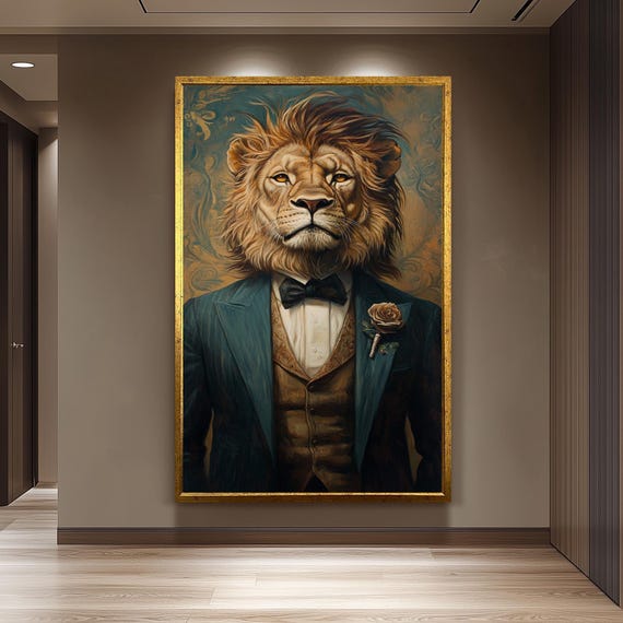 Regal Lion Portrait Art Print, Victorian Suit