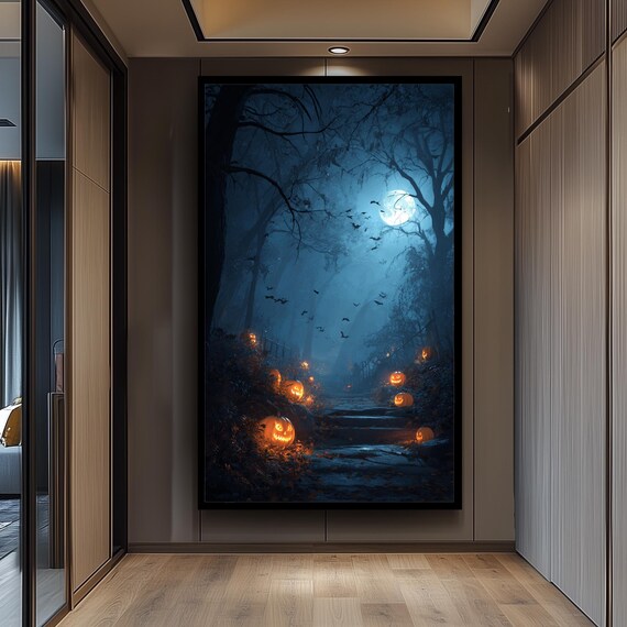 Spooky Forest Stairway With Glowing Jackolanterns And Full Moon Canvas Wall Art For Halloween Haunted House Decor Living Room