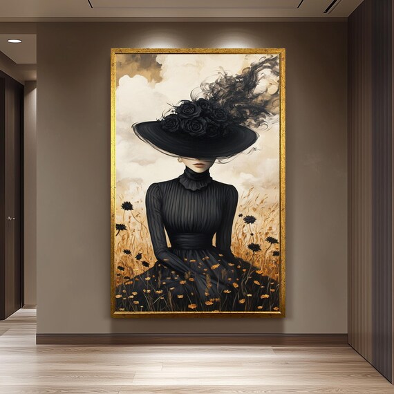 Surreal Woman Portrait Elegant Lady In Red Canvas Art Gothic Fantasy Wall Decor Mysterious Female Figure Print For Dark Moody Interiors