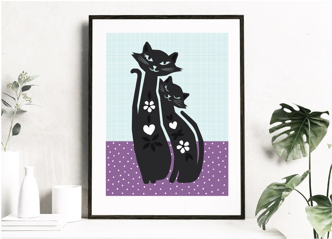 Black Cat Retro Cat Art Print - Image 4