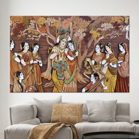 Radha Krishna Art Reproduction Art Hindu Printed 3d Art Tempered Glass Wallpaper Panels Framed Wall Art Living Room Wall Art
