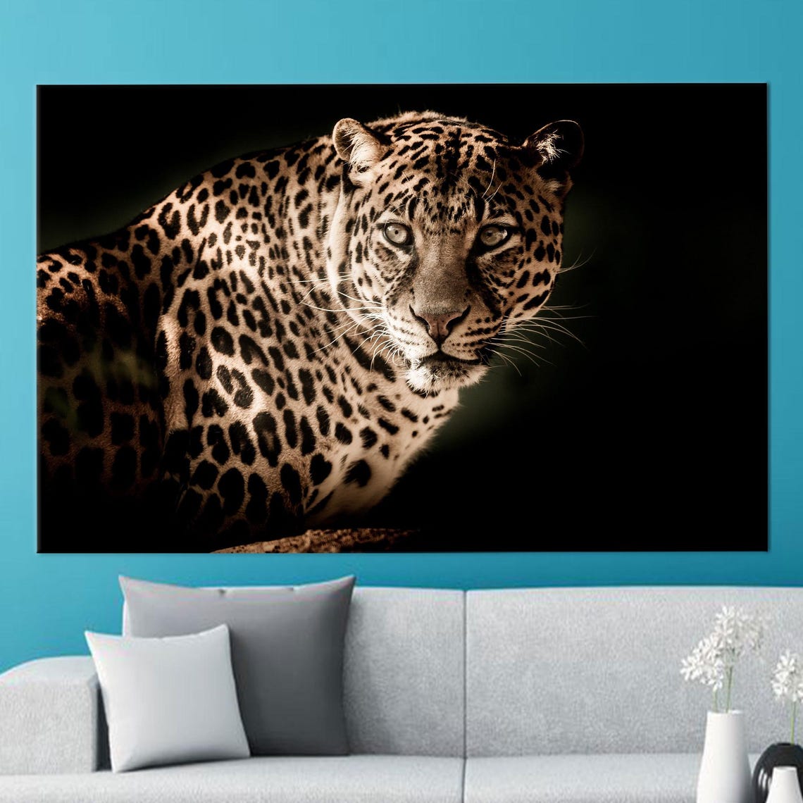 Spotted Leopard Close Up Portrait On Dark Background Animal Poster