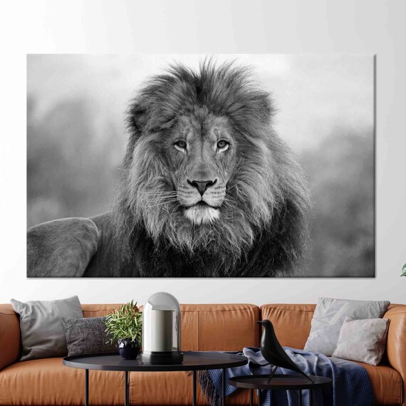 Black and White Lion Portrait Majestic Wildlife Photo Poster