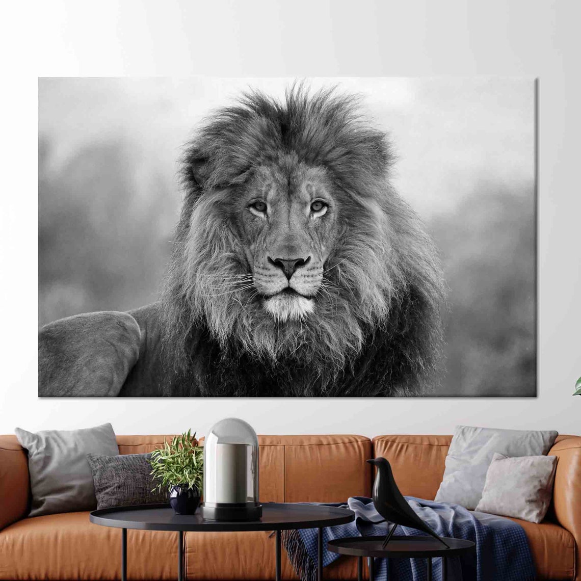 Black and White Lion Portrait Majestic Wildlife Photo Poster