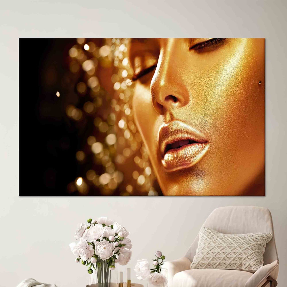 Golden Woman Face Close Up With Sparkle Bokeh Glamour Poster