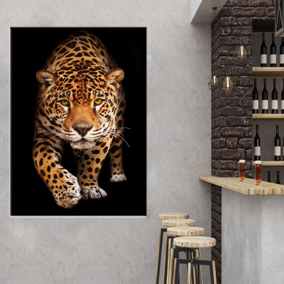 Majestic Jaguar Leaping Out Of The Darkness Wildlife Art Poster
