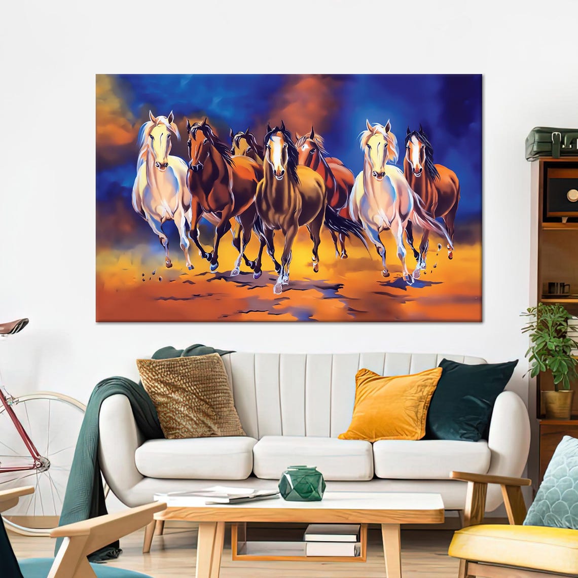 Seven Horses Galloping Toward You At Fiery Sunset Art Poster
