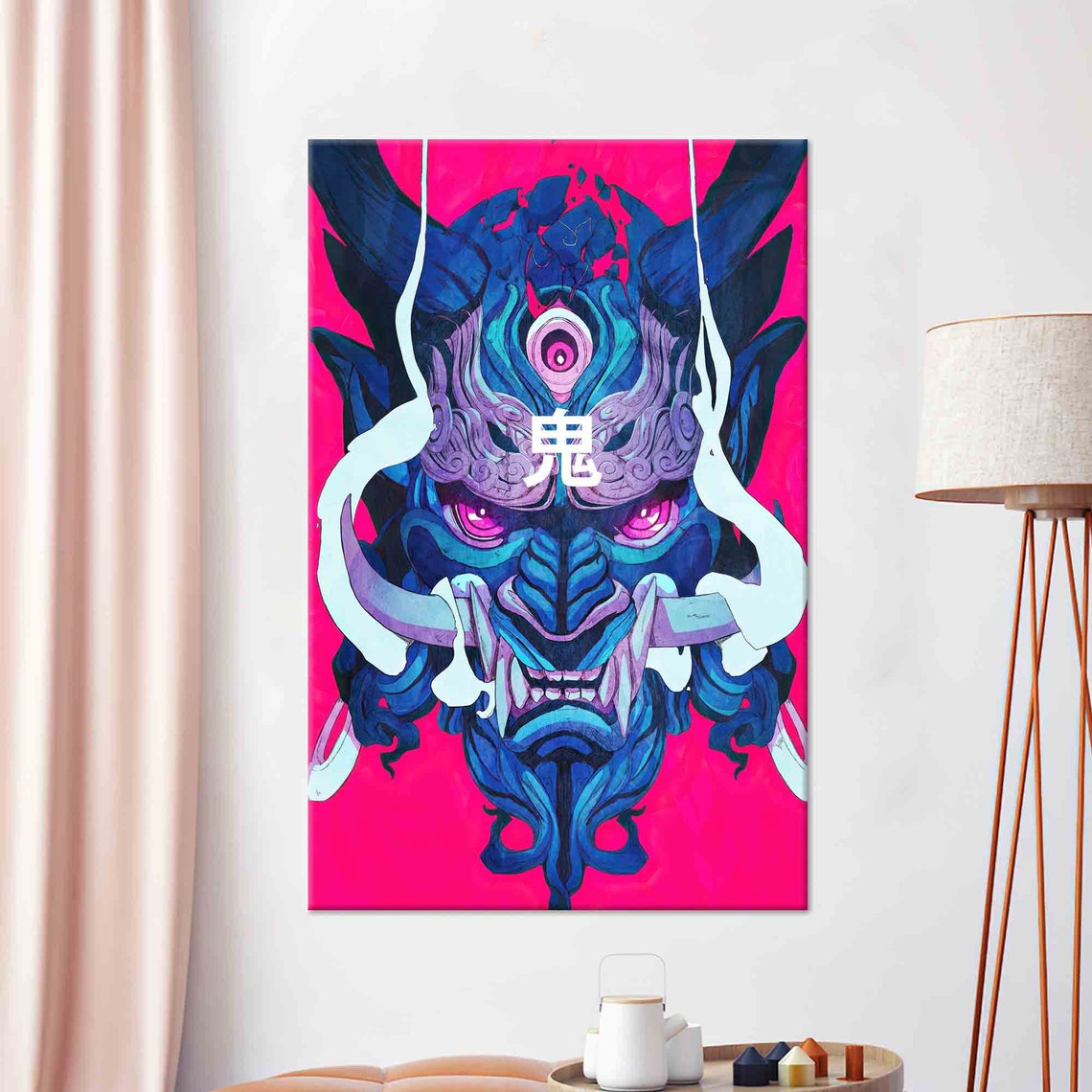 Blue Oni Demon Mask Japanese Art on Hot Pink Background Poster