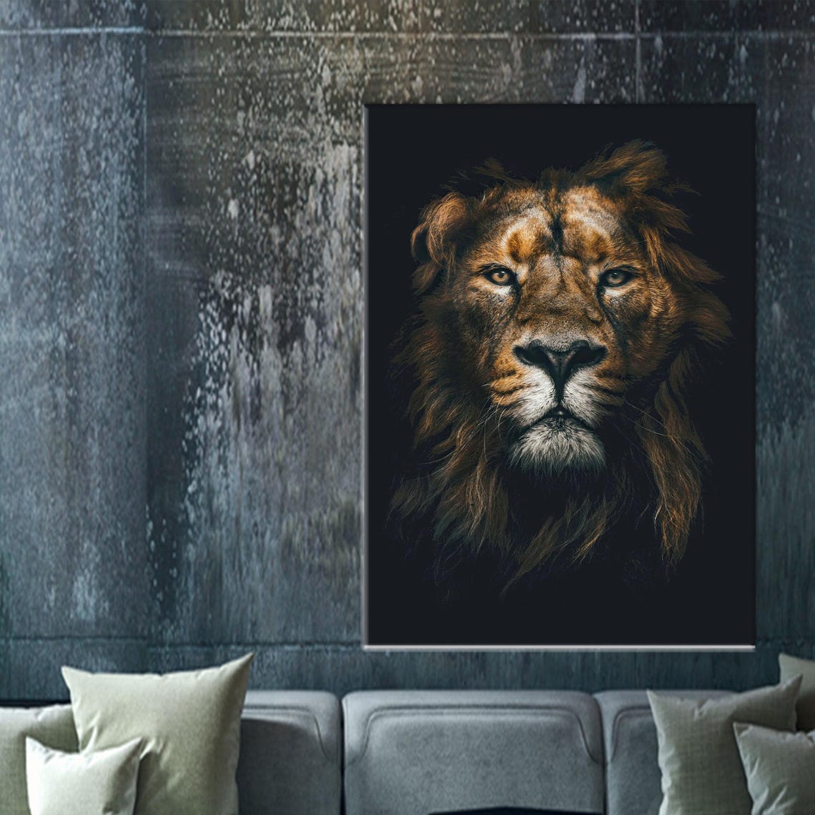 Male Lion Face Close Up Portrait On Pure Black Background Poster