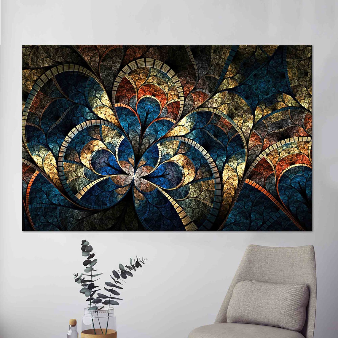 Navy Blue and Gold Fractal Stained Glass Pattern Abstract Art Poster