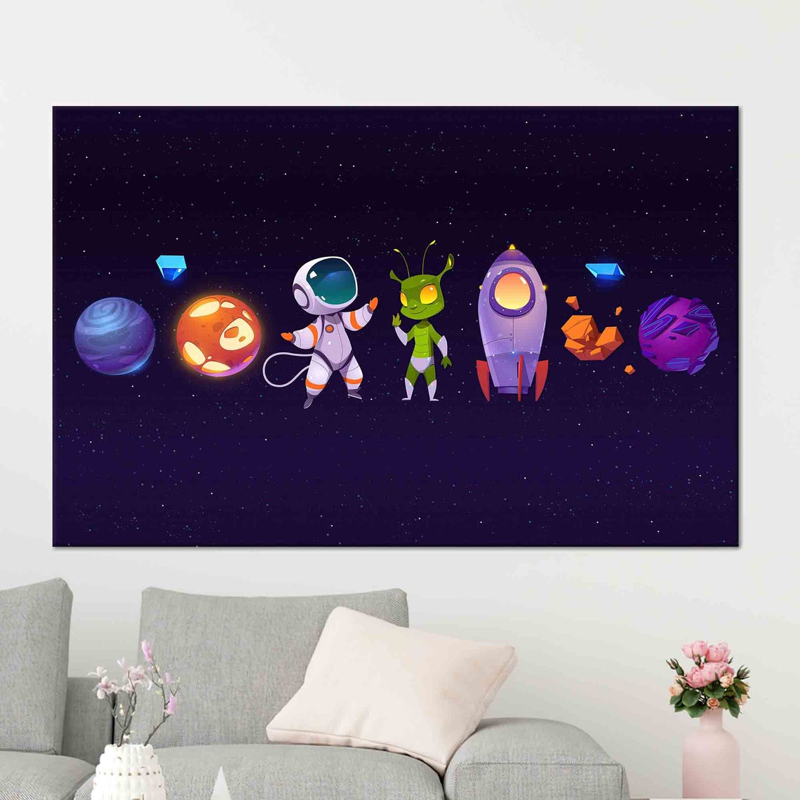 Cartoon Astronaut Alien Rocket Planets Kids Room Space Poster