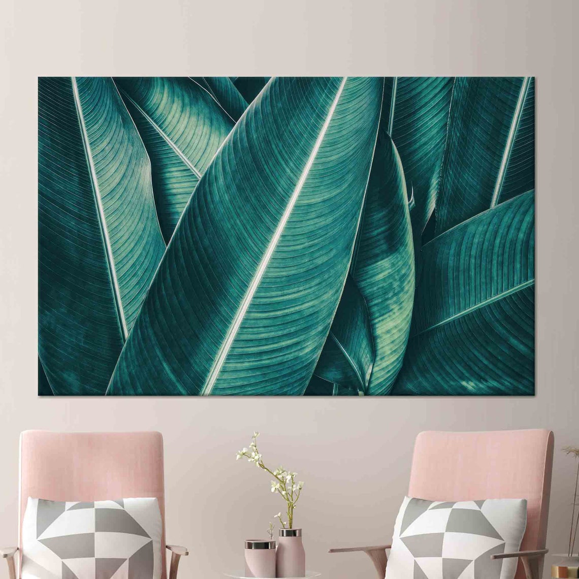 Teal Tropical Palm Leaves Pattern Dark Botanical Leafy Poster