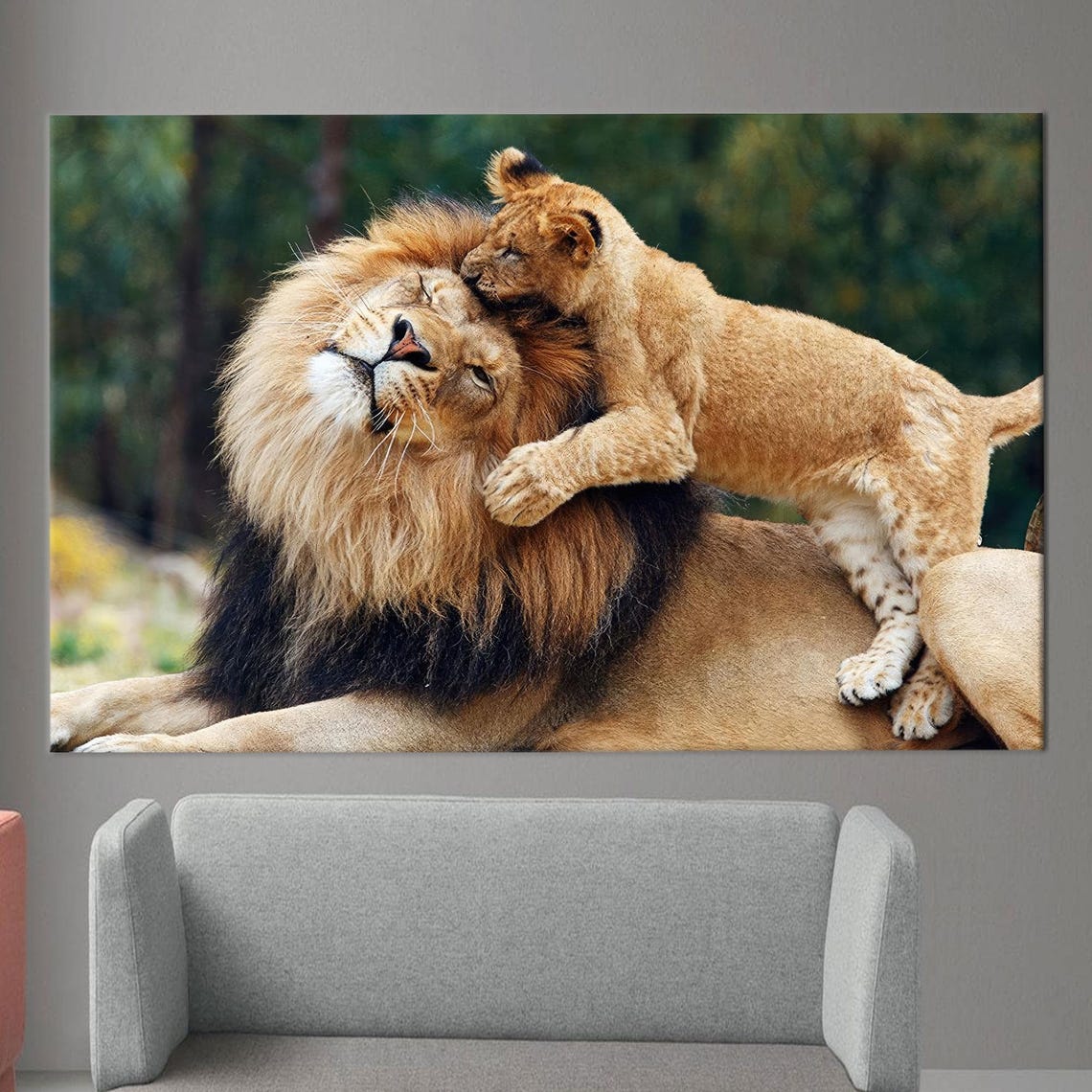 Lion Father With Playful Cub Climbing Tender Wildlife Poster