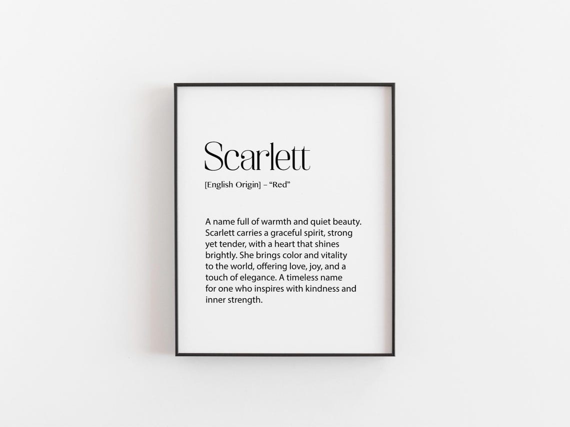 Scarlett Name Meaning Print Red Elegant Personalized Gift Decor