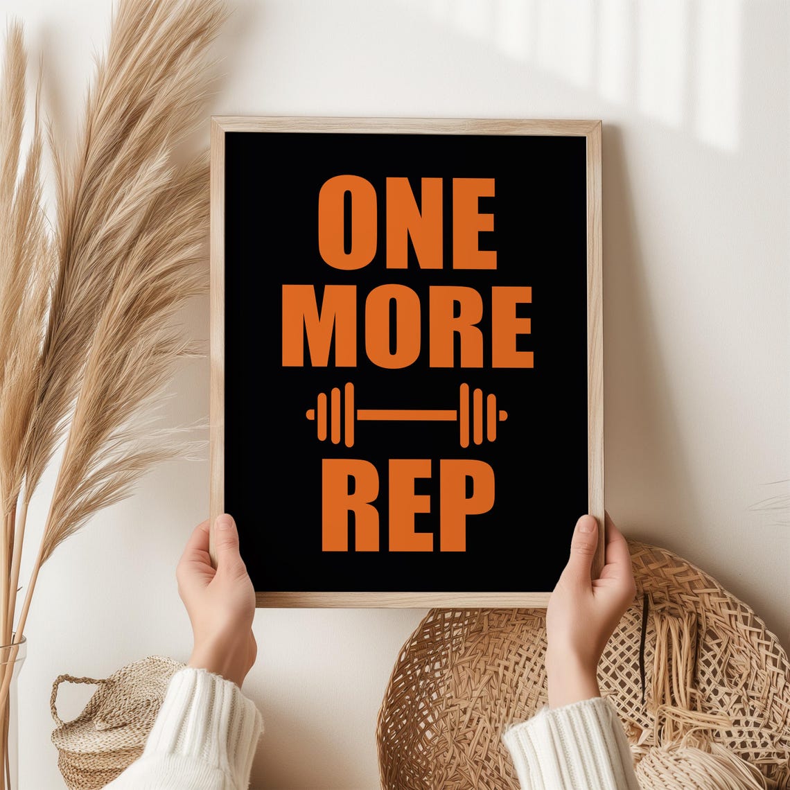 One More Rep Orange Black Gym Barbell Motivational Art Poster