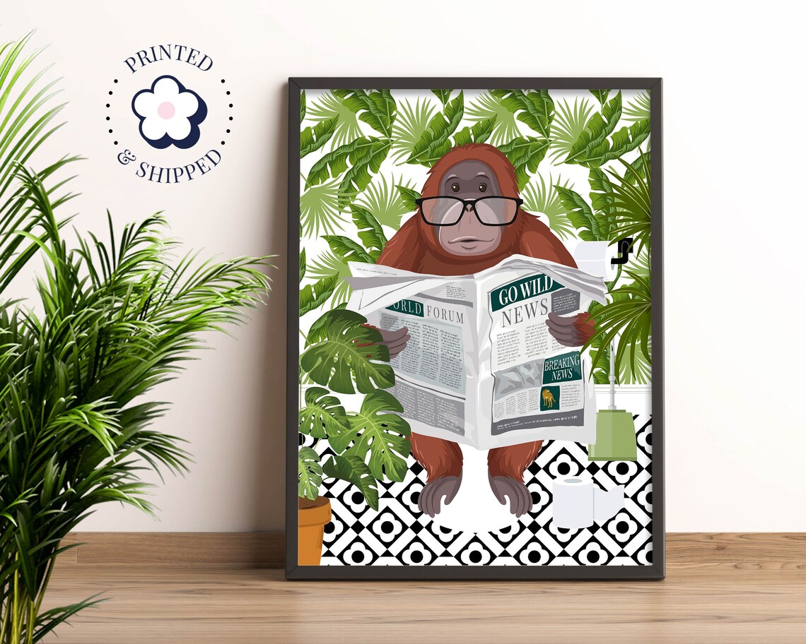 Orangutan On Toilet Bathroom Animal Fun Art Print