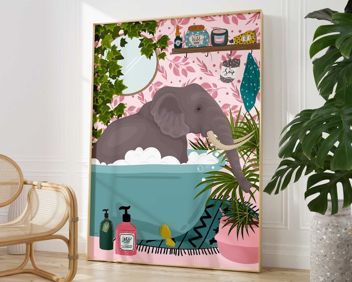 Elephant Bathroom Wall Art, Funny Animal Poster