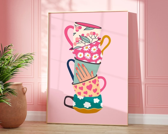 Stacked Tea Cups Retro Floral Kitchen Art Print
