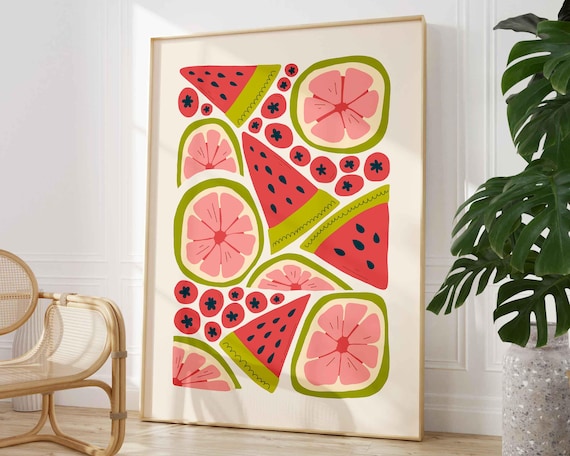 Matisse Style Mixed Fruit Pattern Watermelon Citrus Mid-Century Art Print
