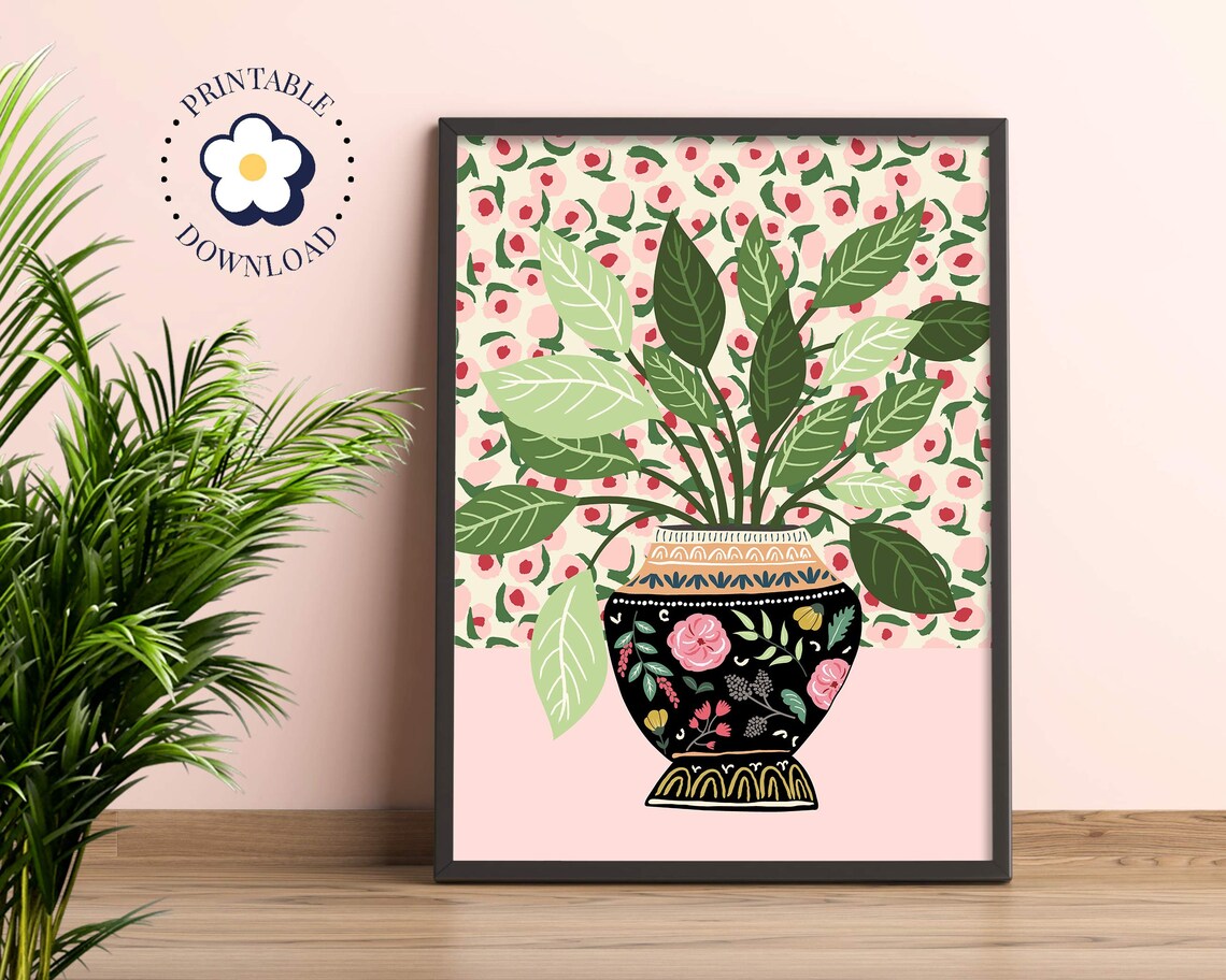 Antique Vase Botanical Plant Art Print, Pastel Floral