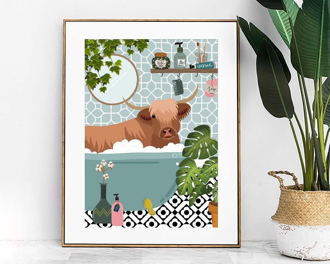 Highland Cow Bathroom Wall Art, Funny Animal Poster