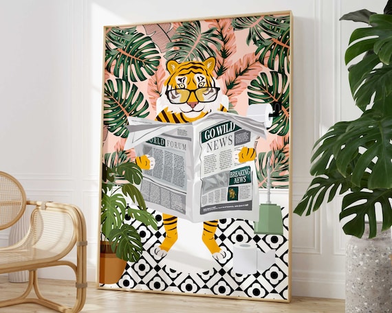 Tiger on Toilet Bathroom Animal Print, Maximalist Decor