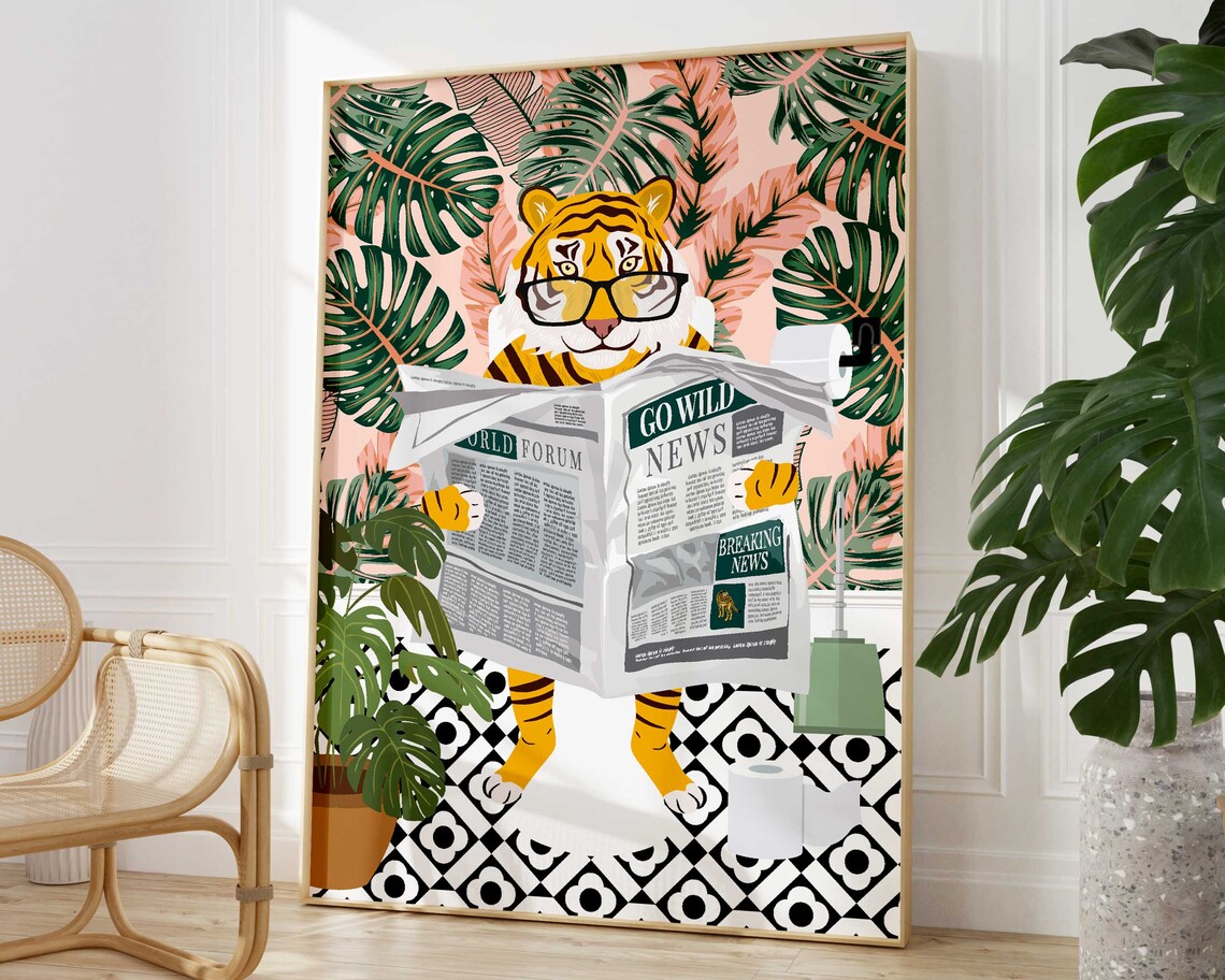 Tiger on Toilet Bathroom Animal Print, Maximalist Decor