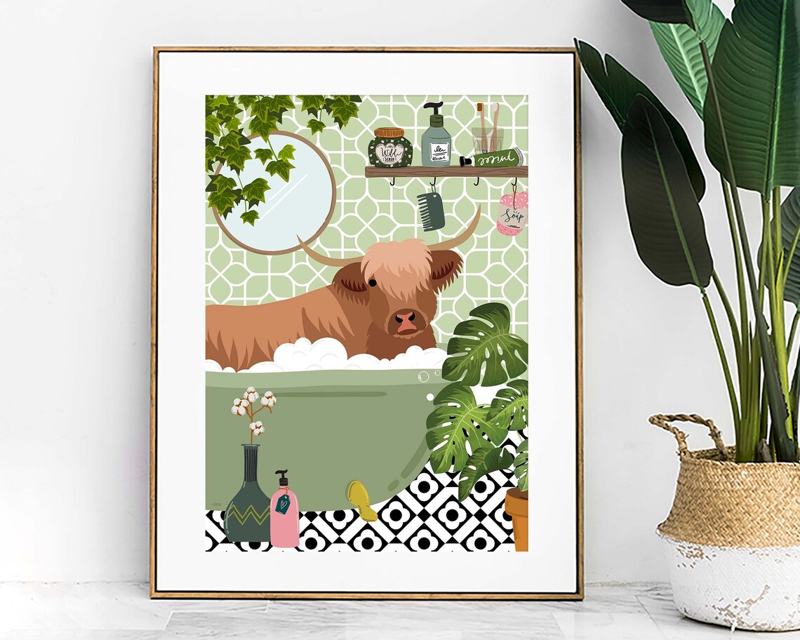 Highland Cow Bathtub Bathroom Art Print, Maximalist