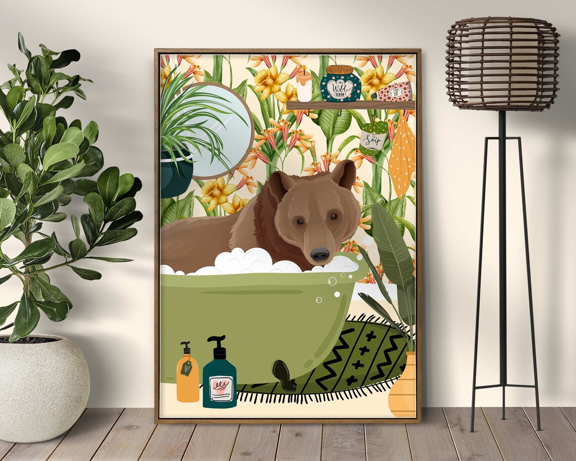 Bear In Bathtub Bath Animal Print For Kids Nursery Decor