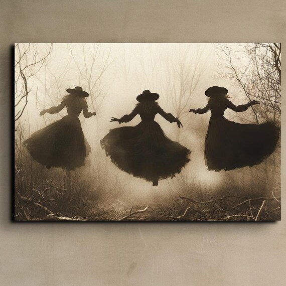 Three Witches Dancing Together in a Misty Haunted Forest Poster