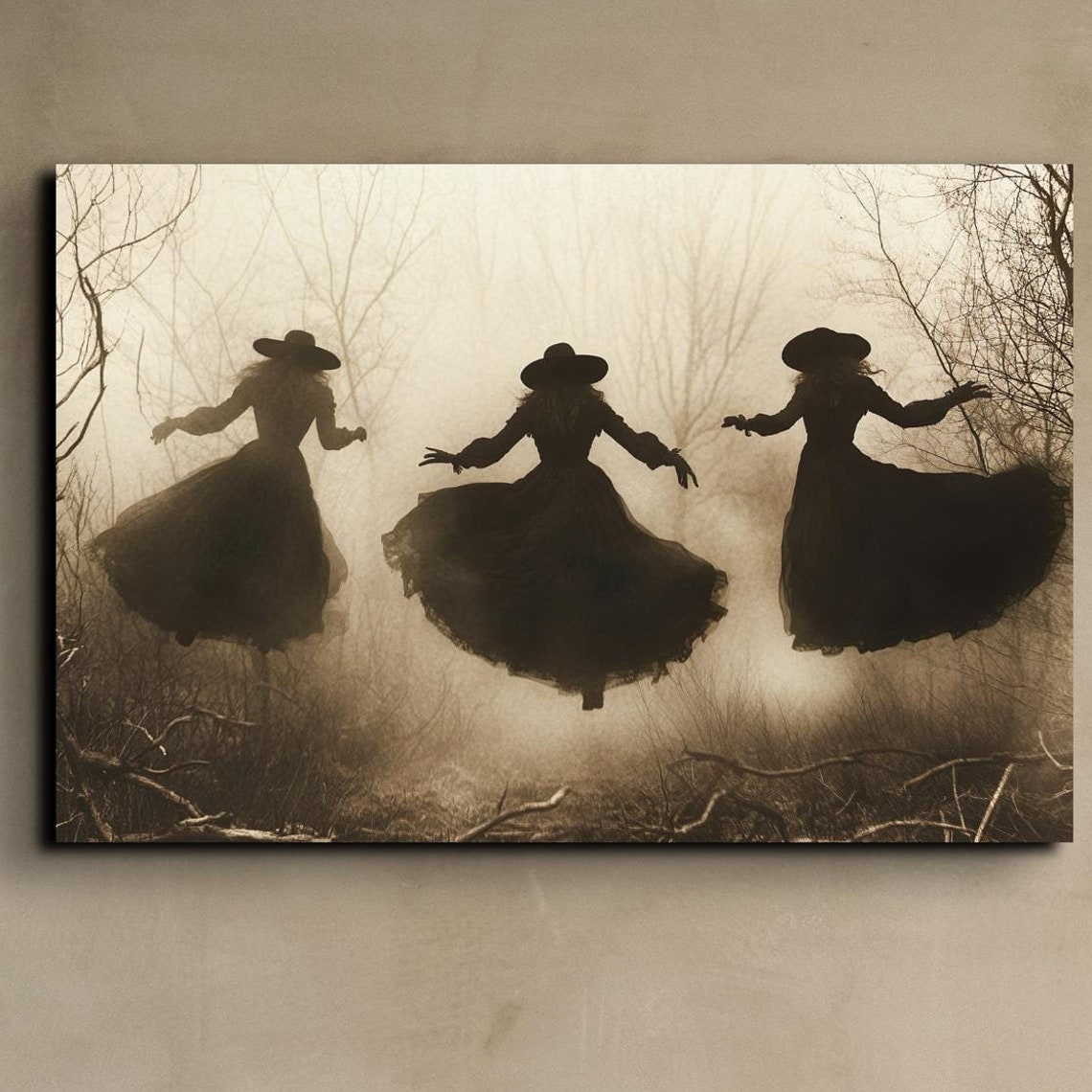 Three Witches Dancing Together in a Misty Haunted Forest Poster
