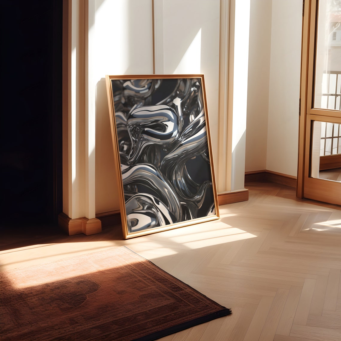 Liquid Chrome Metallic Swirls on Black Abstract Y2K Retro Poster