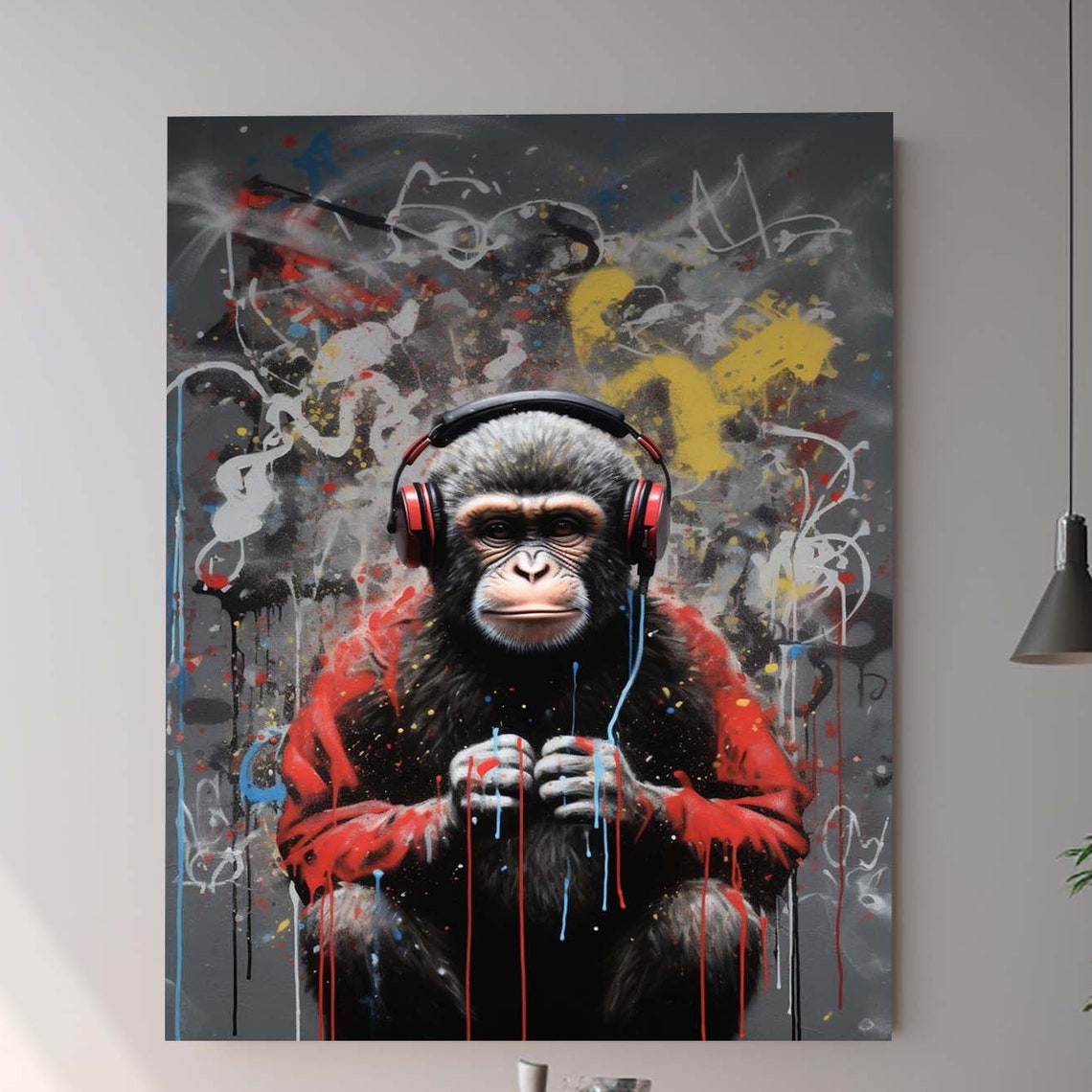 Chimpanzee with Headphones Graffiti Street Art Style Wall Poster