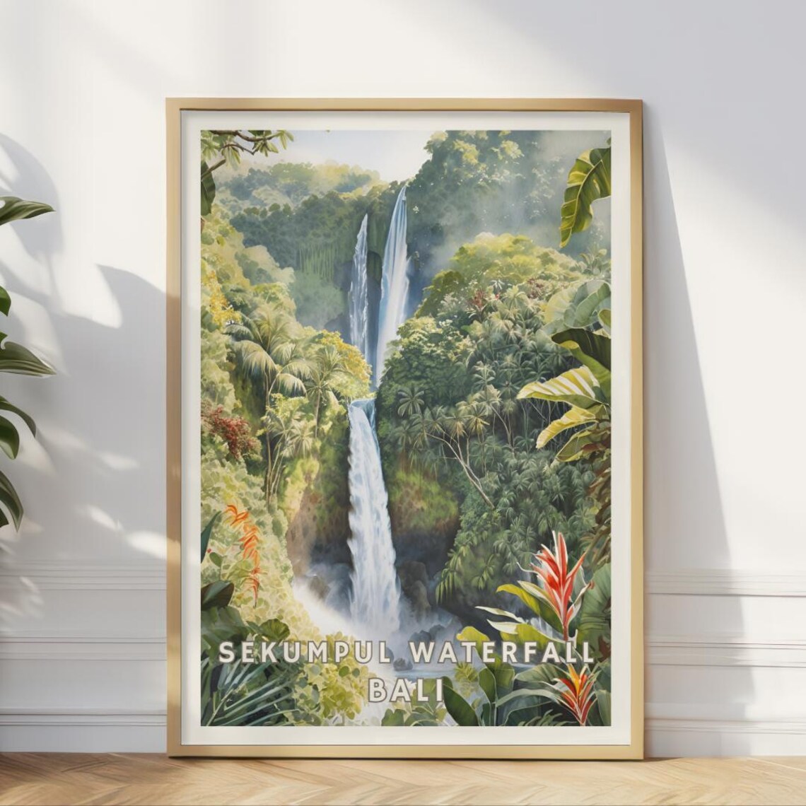 Sekumpul Waterfall Bali Travel Poster, Tropical Jungle