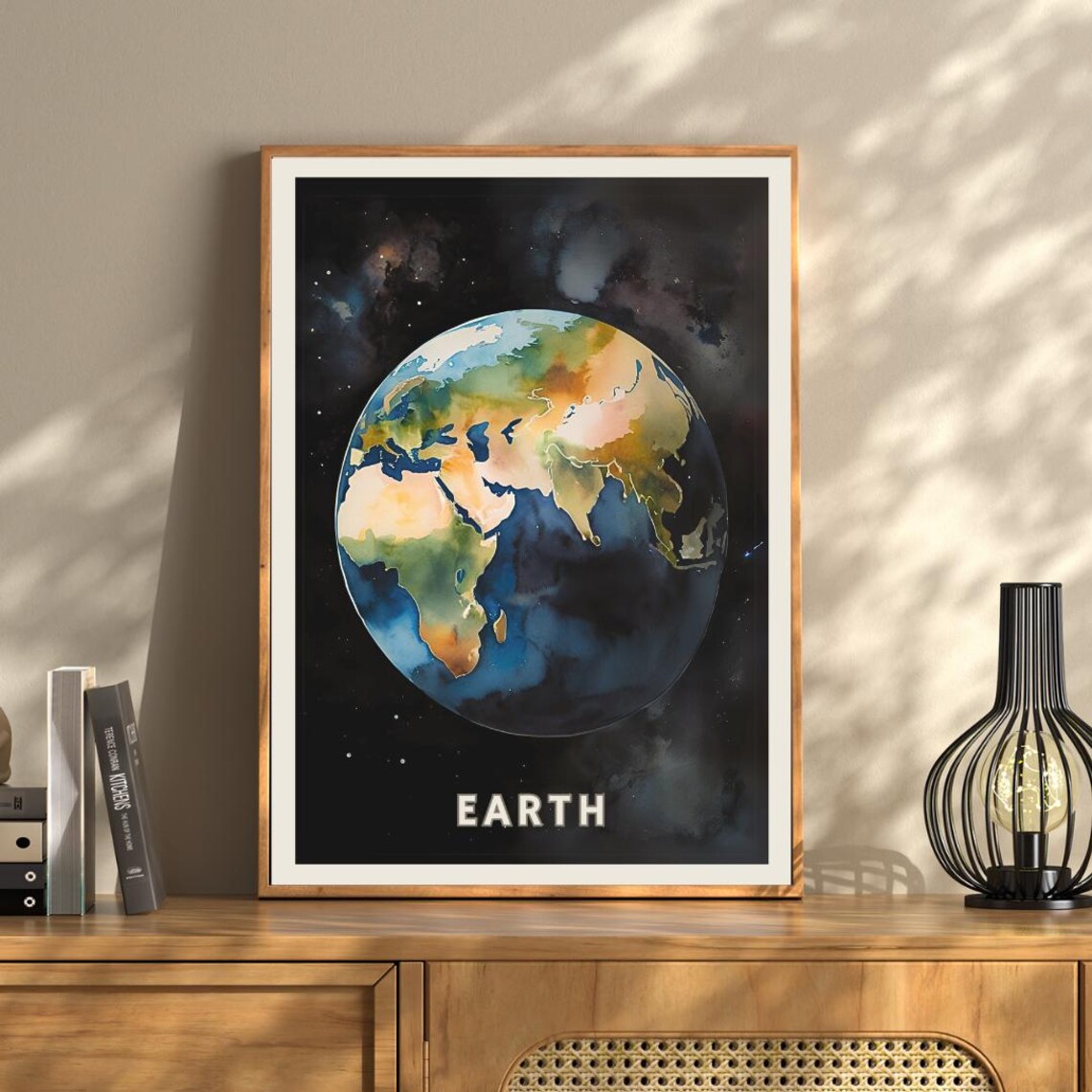 Planet Earth Watercolor View From Deep Space Starry Sky Print - Image 3