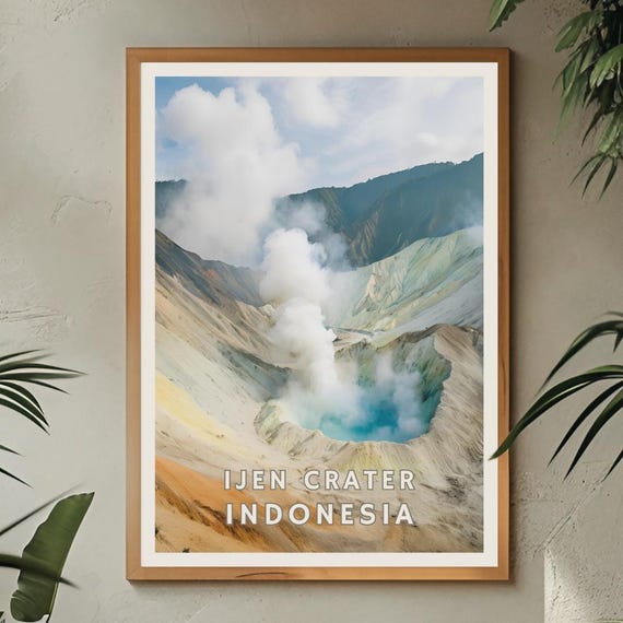 Ijen Crater Java Indonesia Poster Volcanic Landscape Nature Wall Art Indonesia Volcano Print Se Asia Travel Indonesia Travel Lake Art
